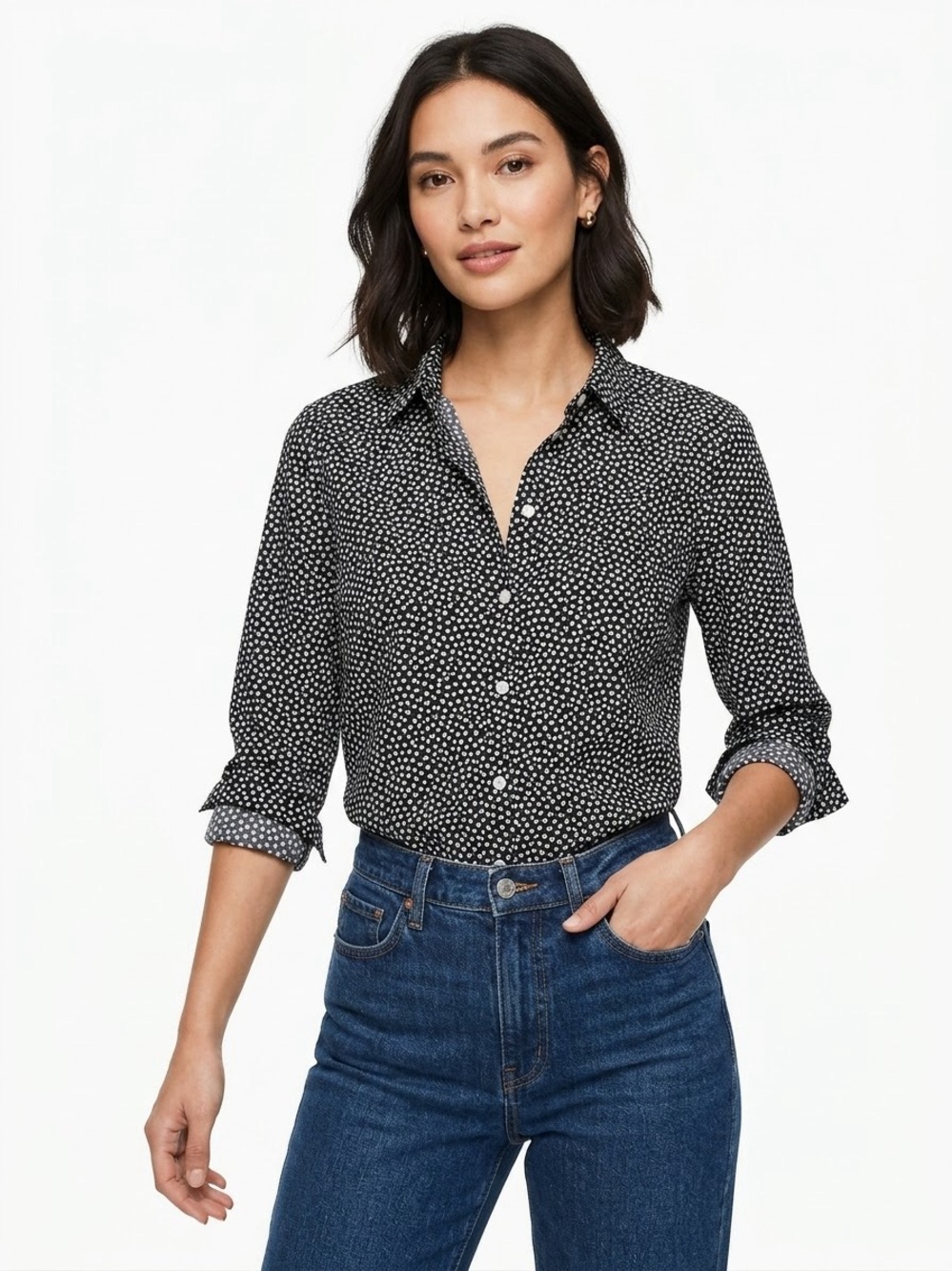 GAP Black Button-Down Shirt with White Dot Print